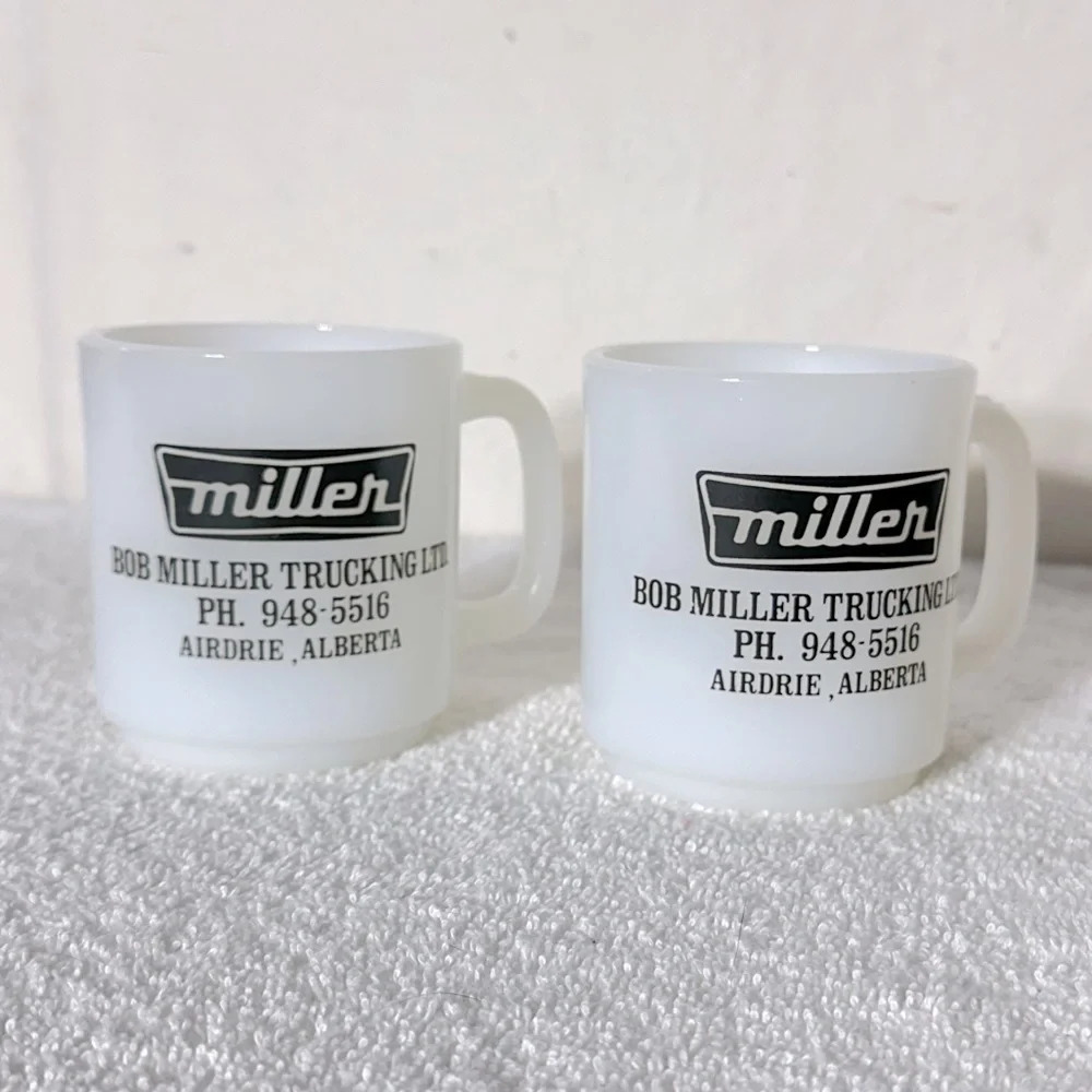 Vintage Glassbake Heat Resistant Milk Glass Bob Miller Trucking LTD. Mugs x2